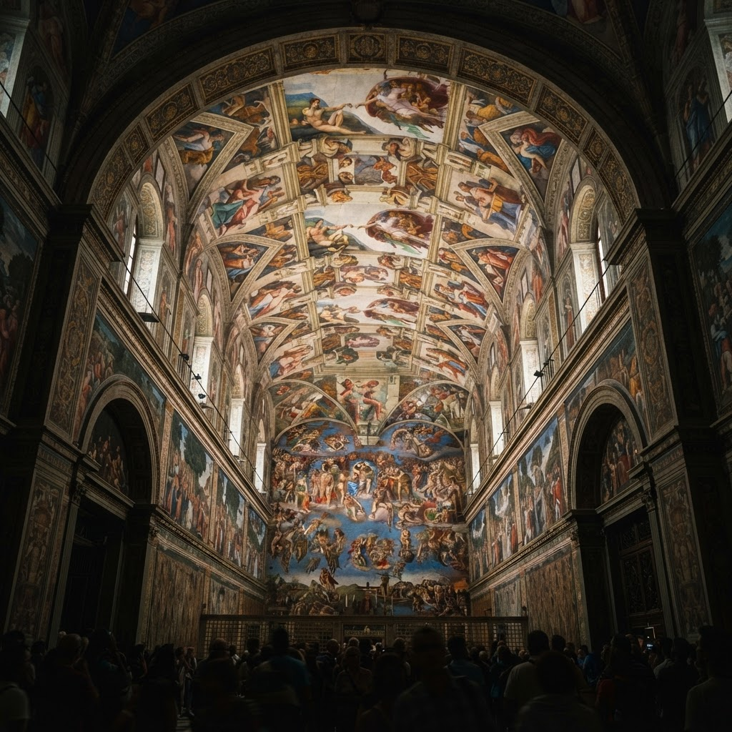 Ornate Sistine Chapel ceiling frescoes